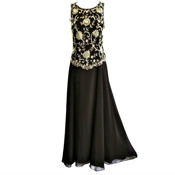 Evening Beaded Gown Brown Maxi Sleeveless JKara Sequin Silver Gold Flowy India 6